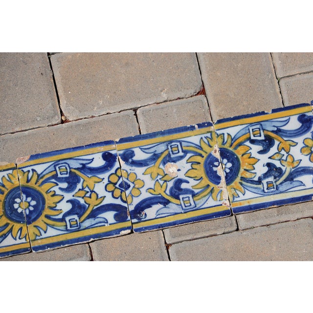 Yellow 17th Century Portuguese Floral Border Tiles Set of 10 Blue, Yellow & White Antique For Sale - Image 8 of 12