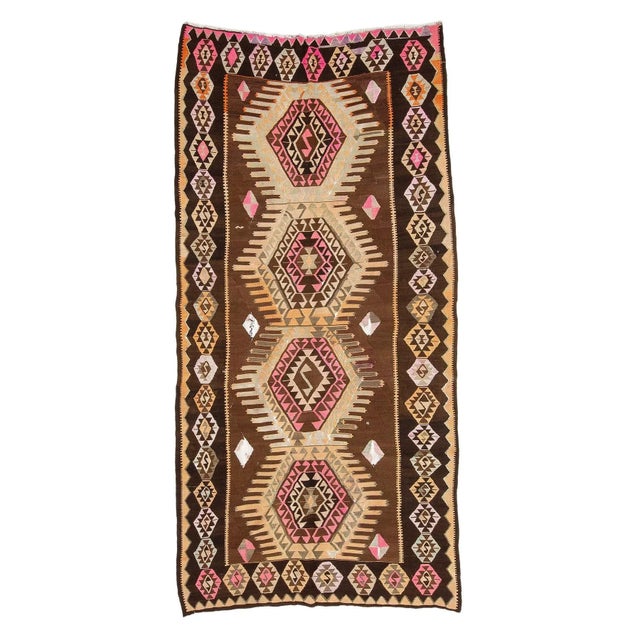 Textile Brown & Pink Vintage Turkish Kilim Rug For Sale - Image 7 of 7