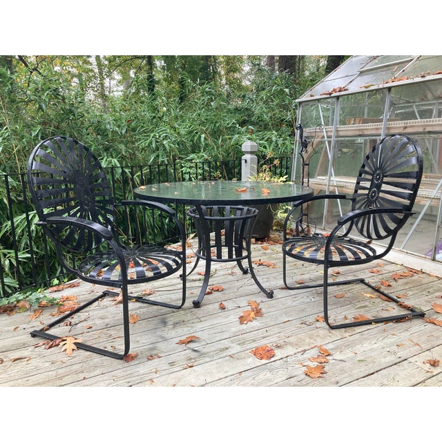 no maker’s mark Francois Carre Cantilever Garden Rocker. black and beautiful antique strap iron garden chair in amazing...