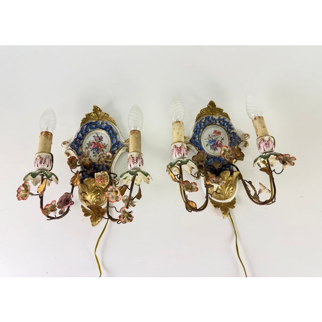 Two-Light Wall Lamps in Wrought Iron and Decorated Porcelain, 1940s, Set of 2 For Sale - Image 14 of 14