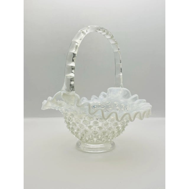 White Mid 20th Century Fenton Opalescent Hobnail Decorative Glass Basket For Sale - Image 8 of 10