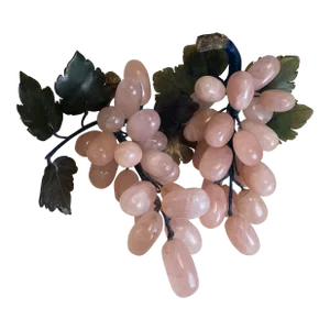 Mid 20th Century Asian Carved Rose Quartz Stone Jade Leaves Fruit Grape Bunches- a Pair