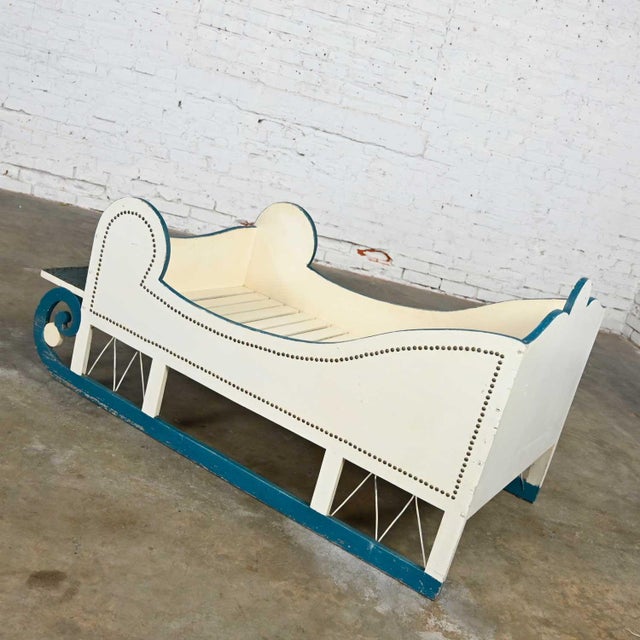 Vintage Sleigh-Style Dog Bed White With Blue Trim & Nail Head Design For Sale - Image 6 of 13