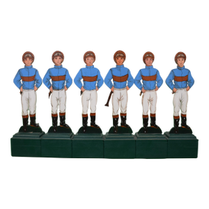 Mid 20th Century Set of 6 Marylou Whitney Hand Painted Jockey Silks Wood Slat/ Figurines