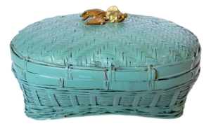 Vintage Lacquered Teal Woven Box With Brass Koi Fish Finial Knob