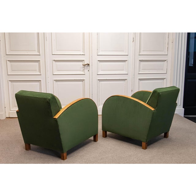 Vintage Green Velvet Lounge Chairs with Wooden Arm Overlays, Sweden, 1930, Set of 2 For Sale - Image 11 of 15