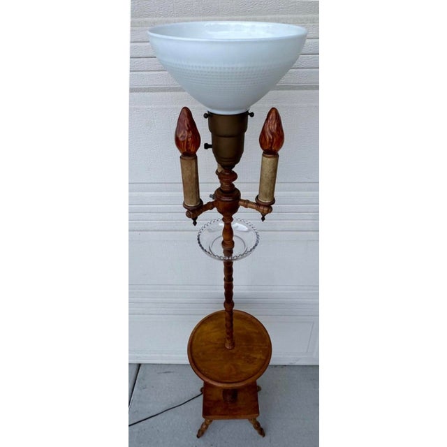 Authentic Antique Maple Floor Lamp With Built-in Table & Glass Gallery Tray 61" For Sale - Image 9 of 16
