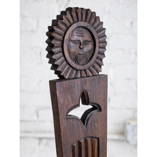 Wood French Brutalist Carved “Sun Face” Stool, France, Circa 1950s For Sale - Image 7 of 11
