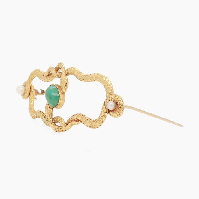 Antique Victorian 14k Gold, Turquoise, & Seed Pearl Intertwined Snakes Brooch For Sale - Image 9 of 12