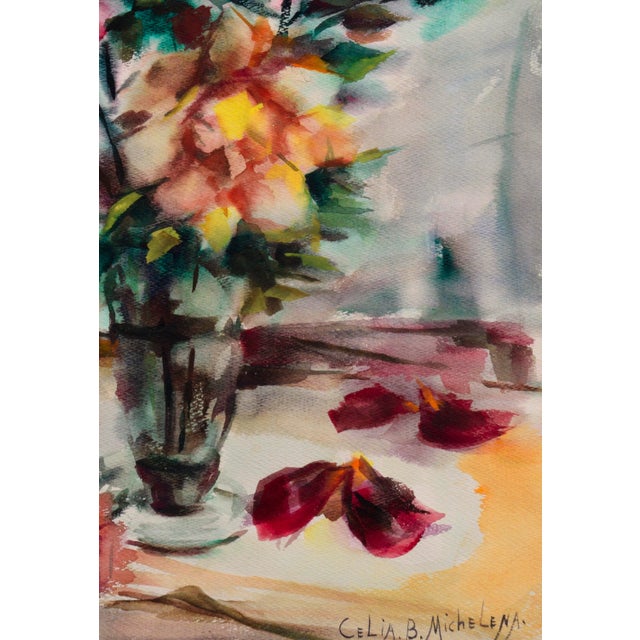 Mid Century Pink Roses Floral Bouquet Still Life Watercolor by Celia B Michelena For Sale - Image 4 of 7