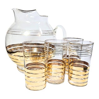 Gold Stripe Art Deco Pitcher and Tumblers- Set of Five For Sale