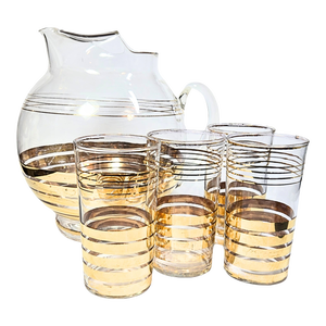 Gold Stripe Art Deco Pitcher and Tumblers- Set of Five