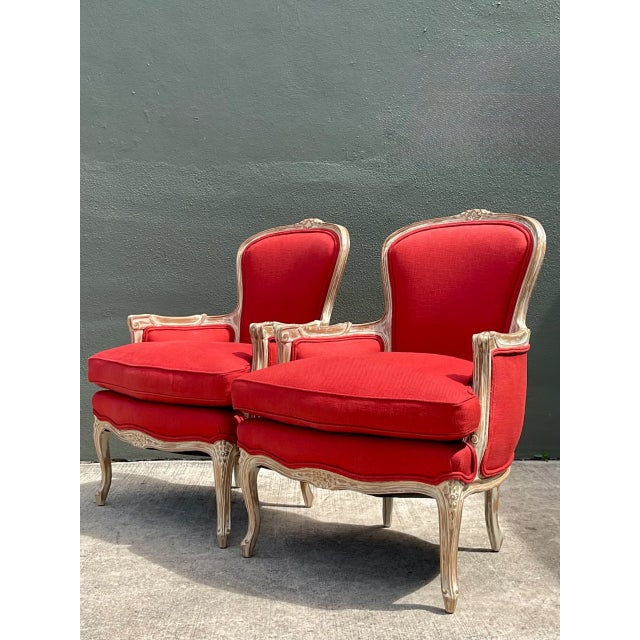 Mid-Century Modern Vintage Carved Wood Upholstered Bergere Chairs - A Pair For Sale - Image 3 of 12