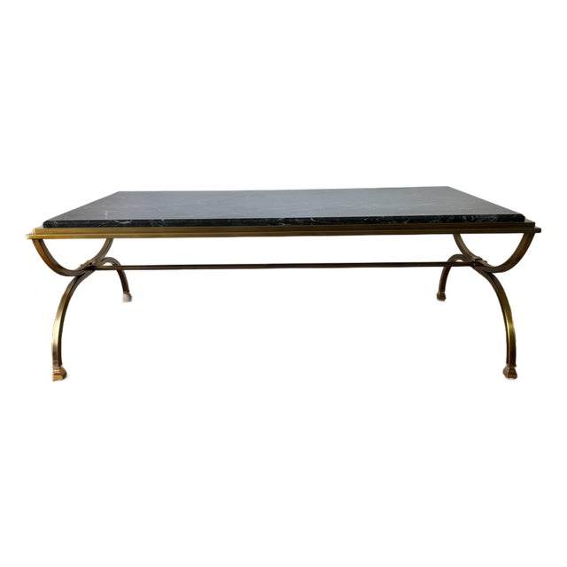 Mid 20th Century Maison Jansen Style Green Marble Brass Coffee Table For Sale