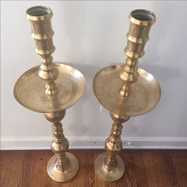 Monumental Brass Pillar Floor Candle Holders a Pair Chairish