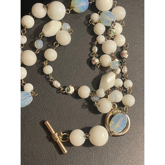 1950s 1950s Jewelry Bohemia Czech Opaline & Milk Glass With Cloisonné and Pearl Accent Beads. For Sale - Image 5 of 6