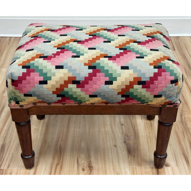 Boho Chic Vintage Colorful Patterned Needlepoint Footstool For Sale - Image 3 of 12