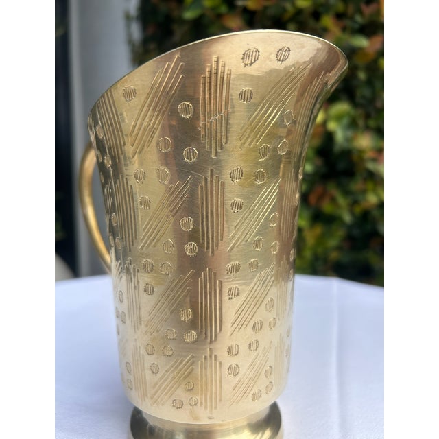 Vintage Etched Brass Pitcher With Pedestal Base For Sale - Image 11 of 14
