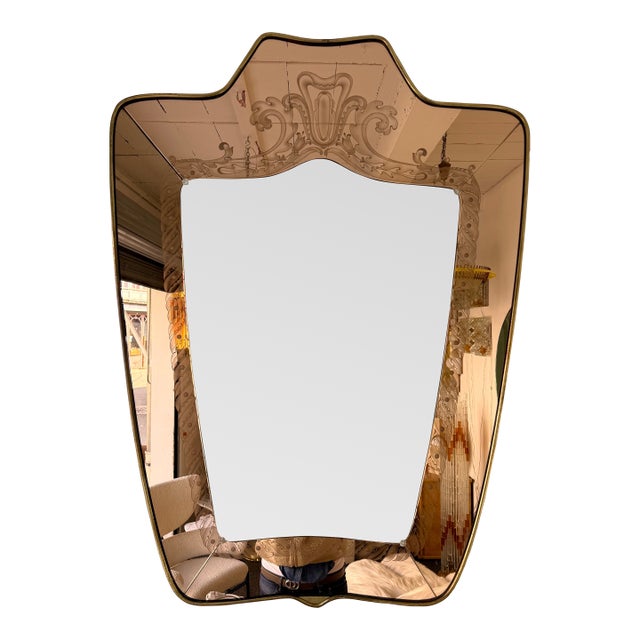 Mirror Brass and Pink Colored Glass by Giovanni Battista Gariboldi Italy, 1950s For Sale