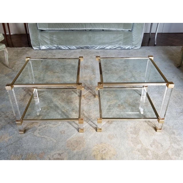 Metal 1970's Signed "Pierre Vandel" Lucite & Gilded Metal End Tables Pair For Sale - Image 7 of 7