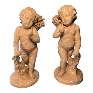 MId-Century Capodimonte Cherub Flower Basket Figurines - a Pair