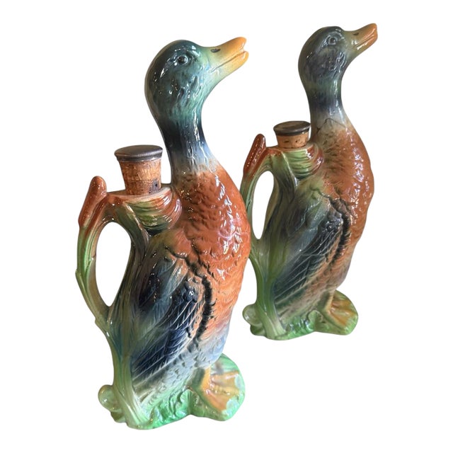 Pair 19th Century French Majolica Duck Decanters For Sale