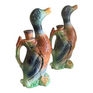 Pair 19th Century French Majolica Duck Decanters