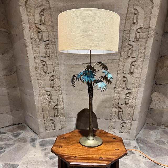 1950s Pepe Mendoza Palm Tree Tall Table Lamp Bronze & Malachite Mexico For Sale In San Diego - Image 6 of 11