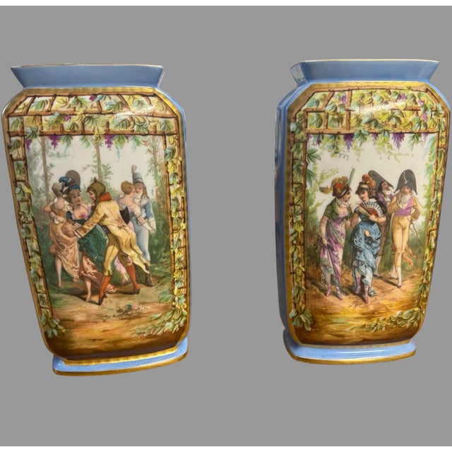 Antique Old Paris Porcelain Pair Vases Hand Painted Figural Scenes Blue Gilt 11” For Sale - Image 11 of 11