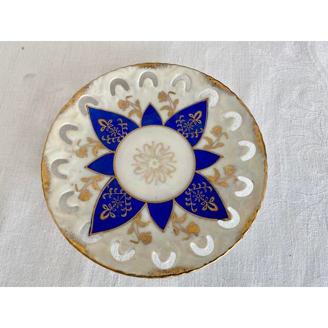 Blue Vintage Ucagco Ceramics Japan Porcelain Teacup and Saucer Set Cobalt Blue Pink Rose Lusterware Pierced Scalloped Rim Mid-Century Excellent Condition For Sale - Image 8 of 13