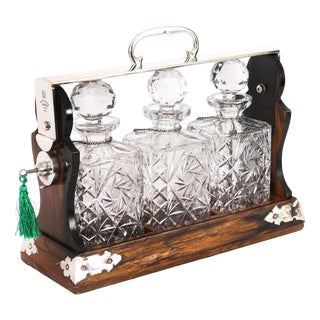 Antique Betjemanns Coromandel 3 Crystal Decanter Tantalus Silver Hallmarks, 1907 For Sale