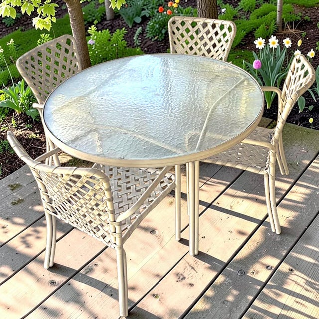 Classic 5-piece patio set is the vintage (circa 1970s) taupe Brown Jordan Tamiami dining collection. The set features a...