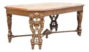 Antique French Baroque Rococo Revival Carved Walnut Dining Table W/ 2 Leaves
