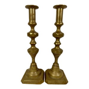Antique Pair of 19th Century Square Based Push-Up Brass Candlesticks From England
