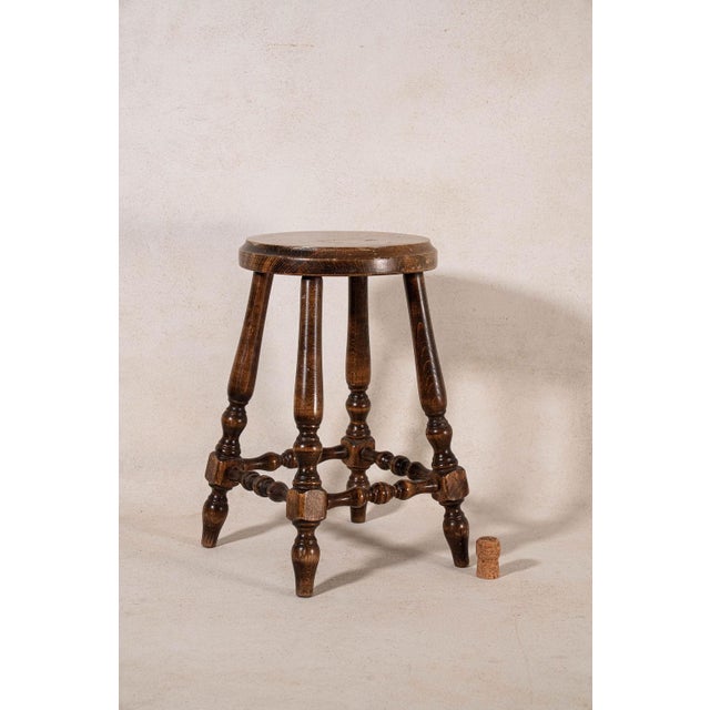 1930s French Oak Round Joint Stool With Stretchers For Sale - Image 4 of 4