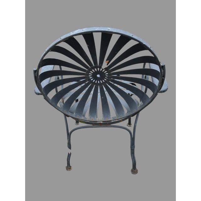 Mid 20th Century Francois Carre Style Wrought Iron Garden Table 3 Spring Back Sunburst Armchairs For Sale - Image 6 of 10