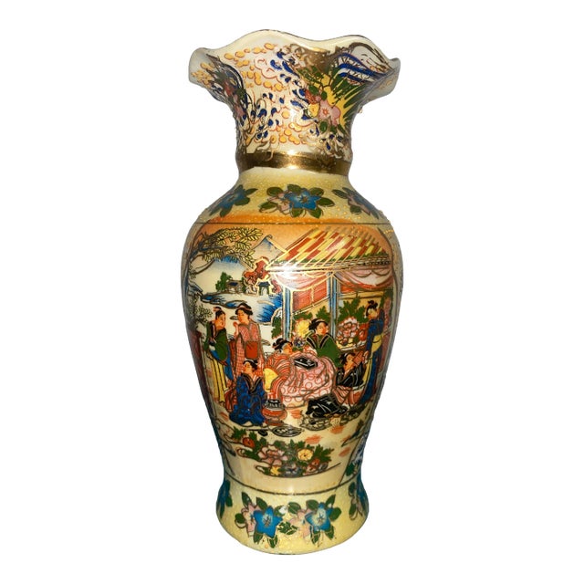 Mid 20th Century Hand Painted Asian Moriage Vase in Style of Satsuma For Sale