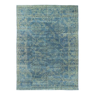 Fine Modern Rug With Transitional Design in Teal Blue and Lime Green For Sale
