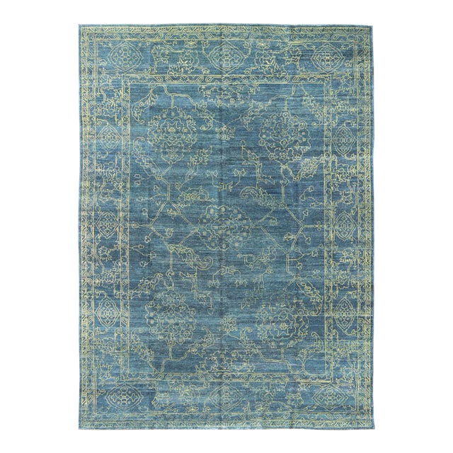 Fine Modern Rug With Transitional Design in Teal Blue and Lime Green For Sale