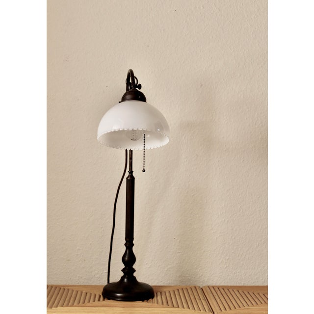 French Adjustable Library Table Lamp in Patinated Bronze and Milk Glass, 1930s For Sale - Image 4 of 7