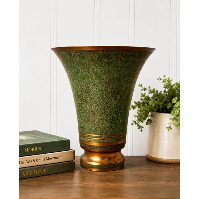 Metal Signed Carl Sorensen Art Deco Verdigris Bronze Trumpet Vase Model No. 1262 Circa 1925 - 1935 For Sale - Image 7 of 7