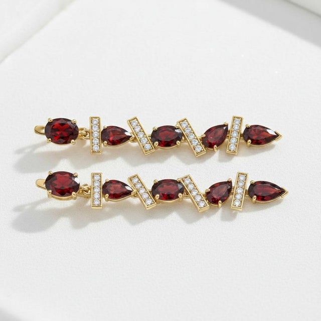 Modern Geometric Garnet Drop Earrings, Silver, Gold, Pair For Sale - Image 6 of 10