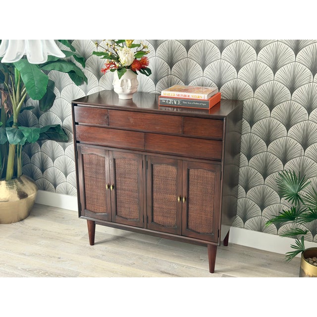 Mid-Century Modern Vintage 1960s Mid-Century Modern Walnut Wood and Woven Rattan Highboy Chest Cabinet by R-Way For Sale - Image 3 of 16