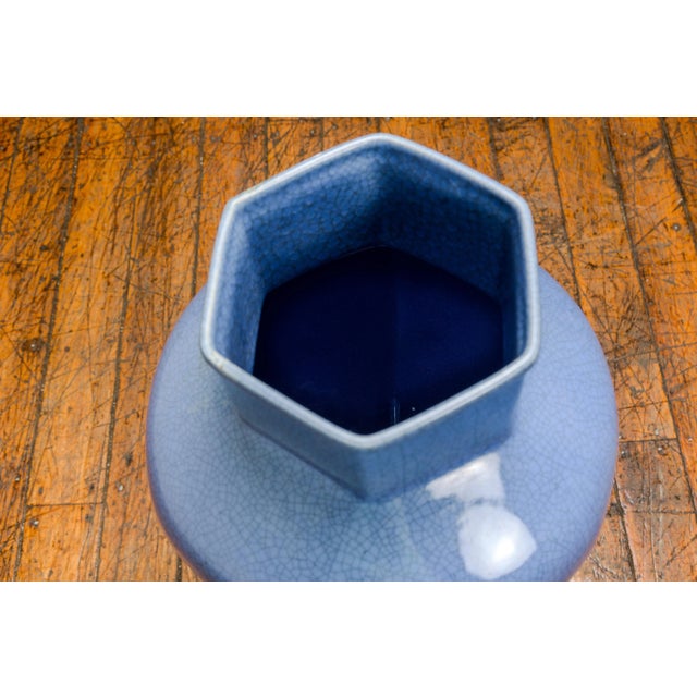 Tall Blue Glaze Lidded Hexagonal Vase with Crackle Finish, Vintage For Sale - Image 11 of 12