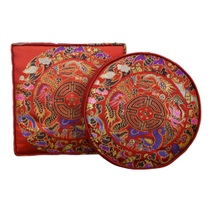 Late 20th Century Chinese Red Silk Good Fortune Dragons Bats Lumbar Throw Pillow Seat Pads- Set of 2