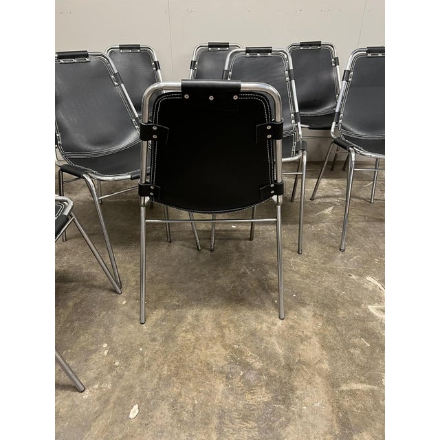 Metal Black Leather Dining Chairs by Charlotte Perriand for Les Arcs, 1960s, Set of 12 For Sale - Image 7 of 10