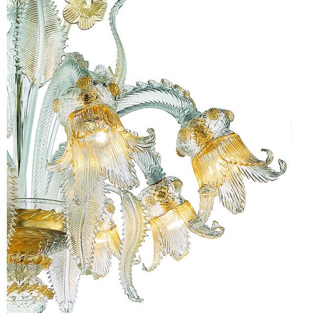 Mid-Century Modern Luxury Italian Clear and Gold-Leaf Chandelier With Flowers and Leaves Murano Glass For Sale - Image 3 of 4