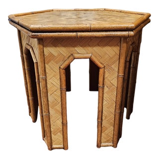 Mid Century Modern Rattan and Faux Bamboo Basket Weave Hexagonal Side Table For Sale
