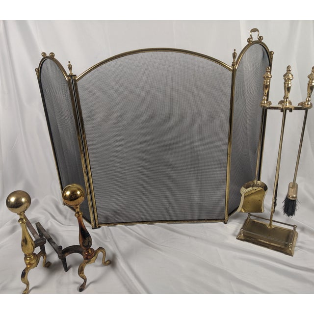 Vintage Brass Fireplace Ensemble With Folding Screen, Andirons & Fire Tools For Sale - Image 16 of 18