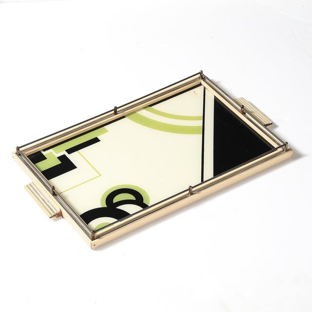 Art Deco Art Deco Eglomise Cubist Graphic Geometric Motif Tray W/ Cream Lacquered Border For Sale - Image 3 of 12
